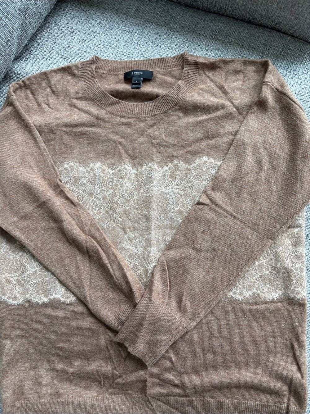 J. Crew Brown Crewneck Sweater with Cream Lace Panel